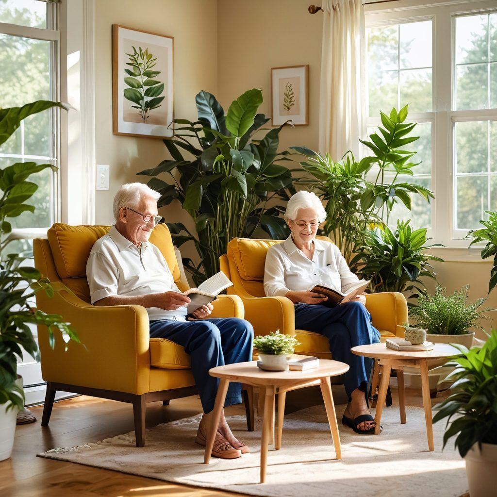 A serene and inviting home scene featuring an elderly couple enjoying a sunlit living room, surrounded by plants and cozy furniture. A compassionate caregiver is sharing a cheerful moment with them, playing a game or reading a book together. Warm colors and soft natural light enhance the atmosphere of joy and companionship. super-realistic. vibrant colors. cozy interior.