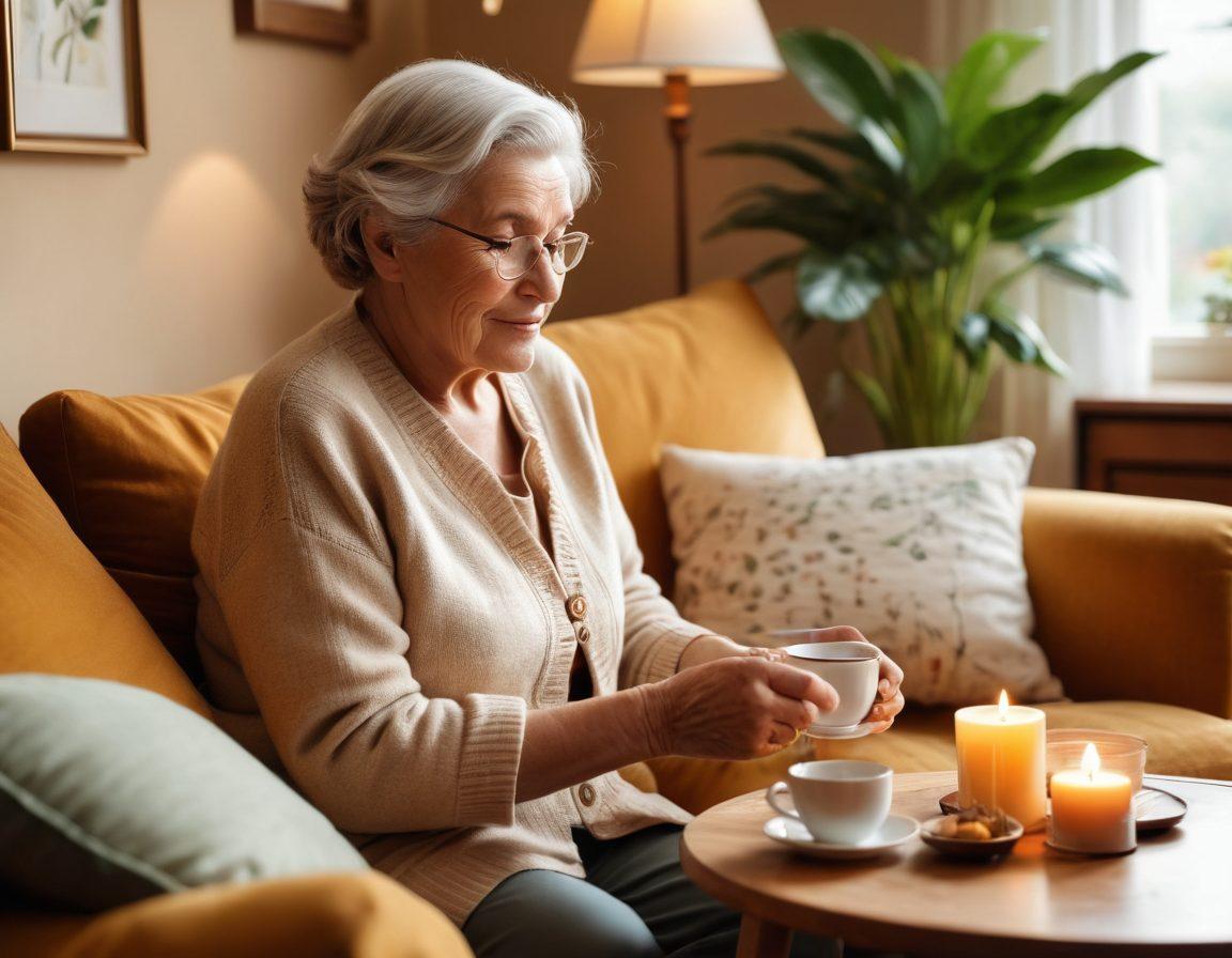 A warm and inviting scene of an elderly person enjoying tea with a compassionate caregiver in a cozy, well-lit living room filled with plants and family photos. The caregiver demonstrates empathy through a gentle touch, creating a connection. The environment should exude a holistic approach to health, showcasing elements like aromatherapy diffusers and wellness books. Capture the essence of care, trust, and comfort. super-realistic. warm colors. inviting atmosphere.