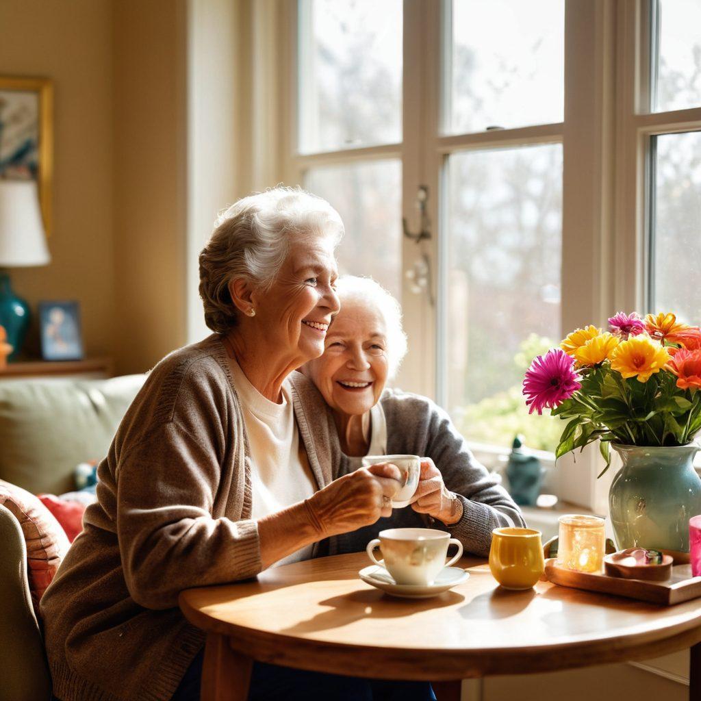 A warm, inviting living room scene showcasing a cheerful caregiver assisting a joyful senior, surrounded by colorful decorations and personal mementos. Sunlight streams in through large windows, creating a cozy atmosphere filled with laughter and companionship. The caregiver holds a cup of tea, while the senior smiles, highlighting their bond. Include elements like houseplants and family photos for an emotional touch. super-realistic. vibrant colors.